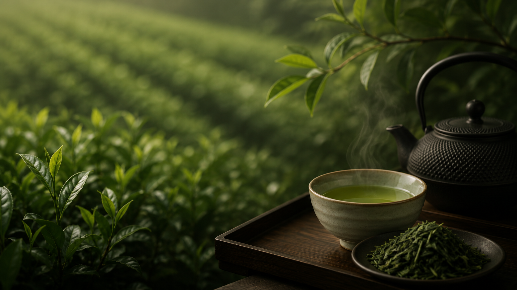 緑の茶畑と煎茶
